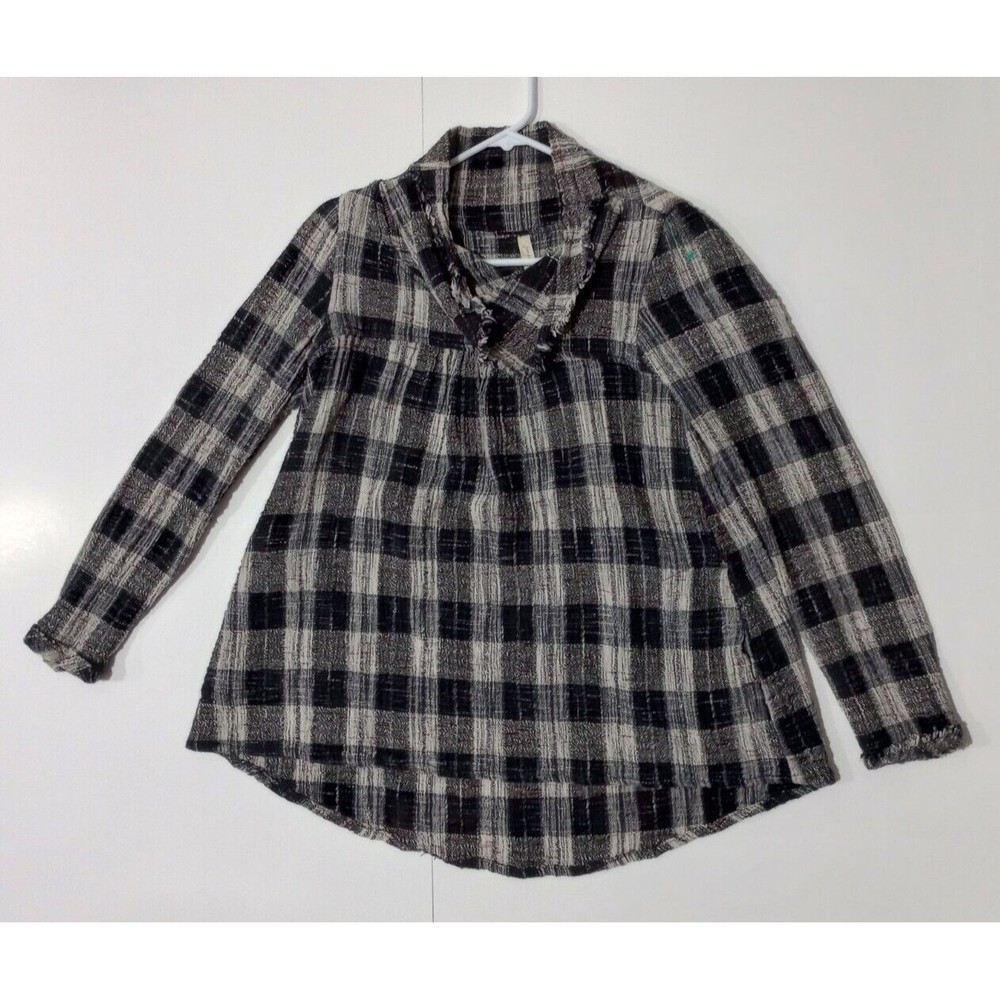 Free People Tunic Top Womens Sz SP Walk in The Park Plaid Pockets Fringe Collar